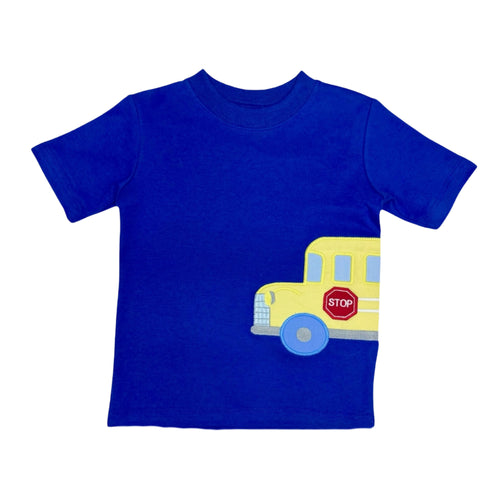 Harry's Play Tee School Bus by Zuccini Kids is a vibrant royal blue knit tee featuring a charming large school bus applique that extends from front to back. Perfect for boys heading back to school, this playful tee combines comfort and style to make every school day fun and memorable.