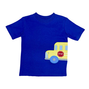 Harry's Play Tee School Bus by Zuccini Kids is a vibrant royal blue knit tee featuring a charming large school bus applique that extends from front to back. Perfect for boys heading back to school, this playful tee combines comfort and style to make every school day fun and memorable.