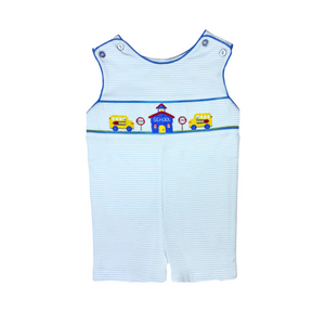 Dress your little boy in timeless charm with the Toddler Boys Smocked School House Shortall by Zuccini Kids. Featuring delicate light blue and white stripes, this knit shortall is adorned with a sweet smocked school house embroidery across the front, making it perfect for back-to-school moments. Comfortable and classic, it’s designed to keep your toddler looking adorable while allowing easy movement throughout the day. A delightful choice for parents seeking both style and comfort for their little one’s sch