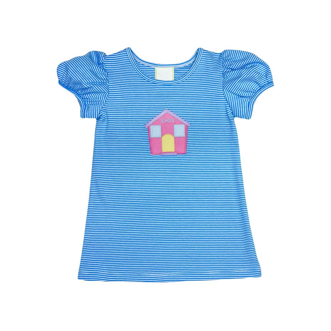 The Girls School House Knit Dress from Zuccini Kids combines charming periwinkle and white stripes with playful puff sleeves and a cute school house applique. Designed for comfort and style, this dress is perfect for making school days both fun and fashionable.