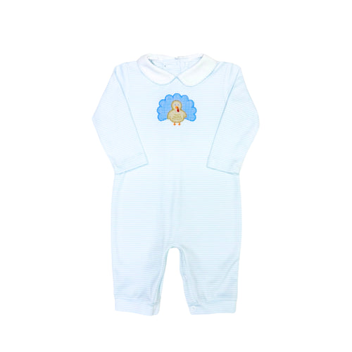 Dress your little one in festive charm with the Infant Boy's Oliver Turkey Bubble from Zuccini Kids. Crafted from soft blue and white striped knit fabric, this long bubble features a delightful turkey applique at the front, perfectly capturing Thanksgiving spirit. Comfortable and cute, it’s an ideal outfit for your infant boy to celebrate the holiday in style and coziness.