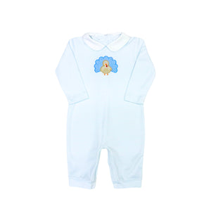 Dress your little one in festive charm with the Infant Boy's Oliver Turkey Bubble from Zuccini Kids. Crafted from soft blue and white striped knit fabric, this long bubble features a delightful turkey applique at the front, perfectly capturing Thanksgiving spirit. Comfortable and cute, it’s an ideal outfit for your infant boy to celebrate the holiday in style and coziness.