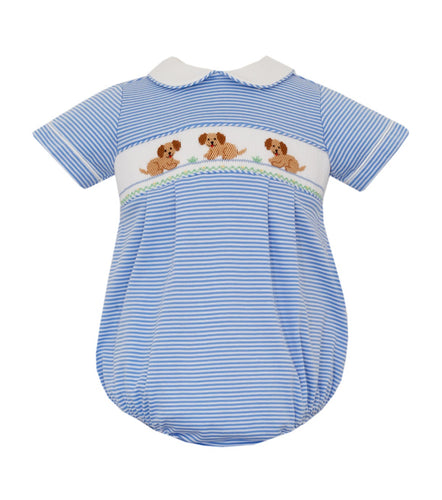 Introducing the Infant Boy's Puppy Knit Bubble by Petit Bebe! Keep your little one comfortable and stylish in this blue stripe knit bubble with a white collar. Adorable puppies stitched on add a playful touch. Perfect for any occasion!