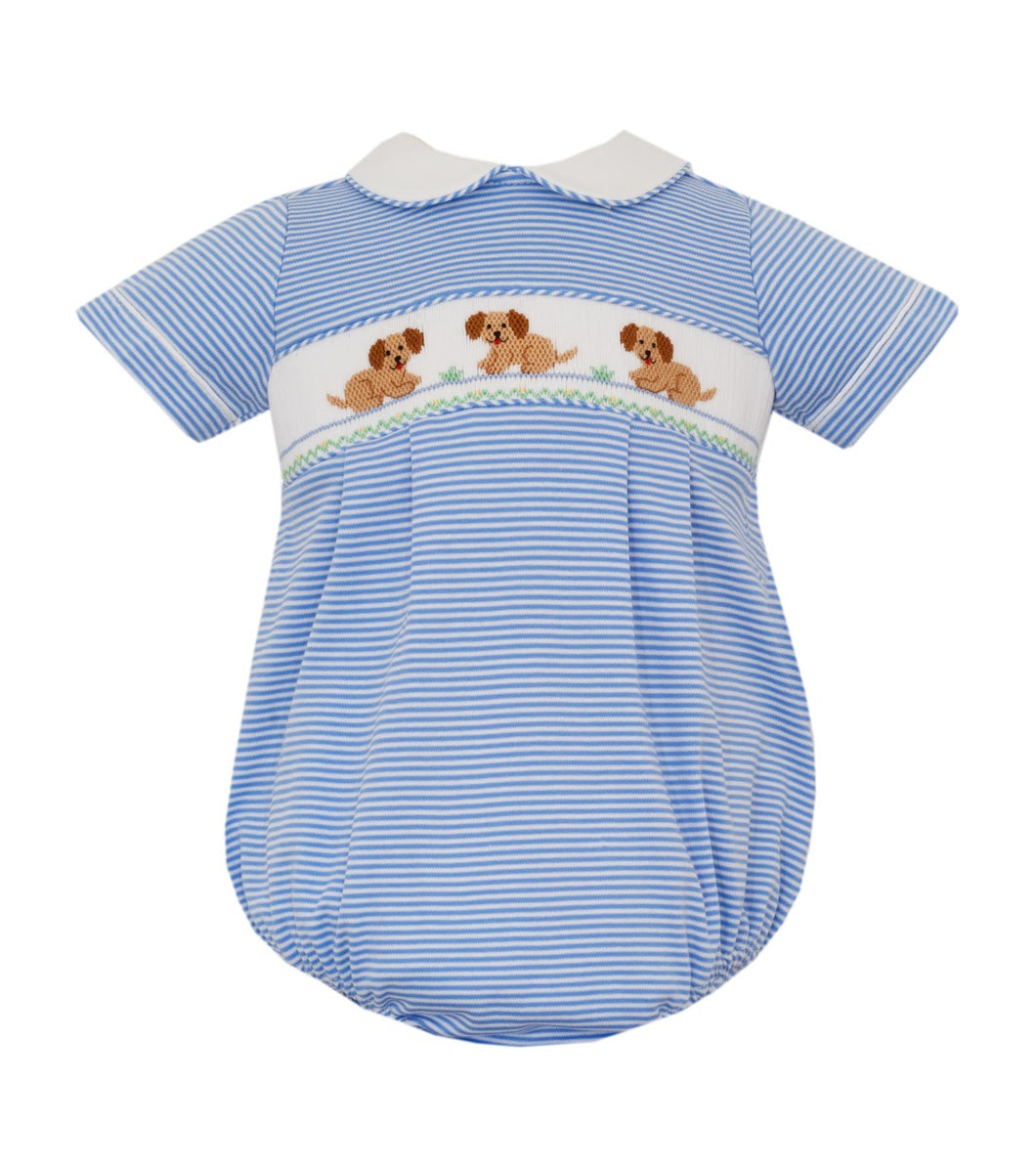 Introducing the Infant Boy's Puppy Knit Bubble by Petit Bebe! Keep your little one comfortable and stylish in this blue stripe knit bubble with a white collar. Adorable puppies stitched on add a playful touch. Perfect for any occasion!