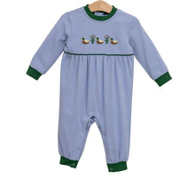 Load image into Gallery viewer, Dress your little explorer in the Mallard Trio Romper, where soft, breathable striped fabric meets playful mallard appliqués and vibrant green piping. Its loose fit invites endless movement, making every fall adventure cozy, comfortable, and full of joy!
