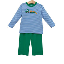 Load image into Gallery viewer, The Tractor Trail Pant Set by Trotter Street Kids brings autumn adventures to life with a charming striped tee featuring playful tractor and pumpkin appliqués, paired with cozy green pants—perfect for your toddler’s pumpkin patch days filled with comfort and fun!

