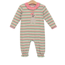 Load image into Gallery viewer, Trotter Street Kids’ Puppy Ruffle Romper bursts with charm—vibrant stripes meet a sweet peachy collar and a lovable puppy appliqué, creating a joyful outfit that brightens every moment for your little girl. Celebrate her playful spirit with this delightful romper!
