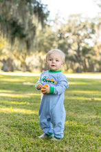 Load image into Gallery viewer, Dress your little one in the Tractor Trail Romper by Trotter Street Kids, where cozy stripes meet playful tractor and pumpkin details. This charming romper, with its soft green accents, keeps your infant warm and adorable on every crisp fall day!
