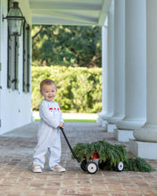 Load image into Gallery viewer, Celebrate the magic of Christmas with the Santa Trio Romper by Trotter Street Kids. This soft, blue and white striped knit romper delights with three charming Santa appliqués, wrapping your little one in festive cheer and cozy comfort all season long!
