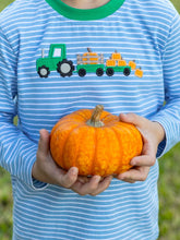 Load image into Gallery viewer, The Tractor Trail Pant Set by Trotter Street Kids brings autumn adventures to life with a charming striped tee featuring playful tractor and pumpkin appliqués, paired with cozy green pants—perfect for your toddler’s pumpkin patch days filled with comfort and fun!

