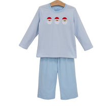 Load image into Gallery viewer, Celebrate the magic of Christmas with the Santa Trio Pant Set by Trotter Street Kids. This cozy blue and white striped tee, decorated with charming Santa appliqués, pairs perfectly with soft blue knit pants—crafted for your toddler boy’s festive comfort and joyful style!
