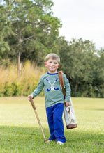 Load image into Gallery viewer, Trotter Street Kids’ Golf Appliqué Pant Set brings autumn playtime to life with its vibrant green and blue striped top featuring a charming golf appliqué, paired with soft blue pants. Designed for toddler boys, it offers cozy comfort and effortless style for every adventure!
