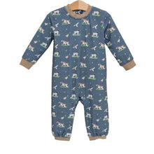 Load image into Gallery viewer, Celebrate your little adventurer with the On the Hunt Romper by Trotter Street Kids. This navy romper showcases charming hunting dog prints, perfect for families who cherish the outdoors. It’s a thoughtful, heartwarming gift that sparks joy and a love for nature from the very start!
