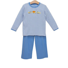 Load image into Gallery viewer, Fuel your little builder’s imagination with the Construction Trucks Pant Set by Trotter Street Kids. The cozy light blue striped top, decorated with lively construction truck appliqués, pairs perfectly with blue pants—ideal for adventurous toddlers ready to explore autumn days in style and comfort!
