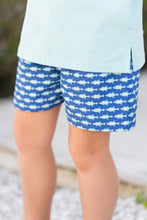 Load image into Gallery viewer, Introducing Bait Fish Blue Swim Shorts for boys toddler to tween! These shorts from Salt Water Boys feature a bright blue background and green fish design, perfect for your little one&#39;s day at the beach. The classic and coastal design is sure to make a splash!
