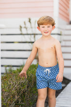 Load image into Gallery viewer, Introducing Bait Fish Blue Swim Shorts for boys toddler to tween! These shorts from Salt Water Boys feature a bright blue background and green fish design, perfect for your little one&#39;s day at the beach. The classic and coastal design is sure to make a splash!
