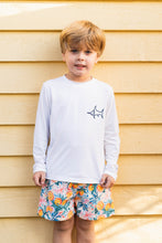 Load image into Gallery viewer, Introducing the Tybee Rashguard, your perfect companion for a summer of fun in the sun! Designed with classic blue or white colors and featuring the Salt Water Boys fish logo, this shirt will not only protect you from the sun but also add a touch of style to your beach and pool days. Get ready to make a splash and show off your bold fashion sense with the Tybee Rashguard!
