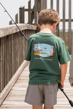 Load image into Gallery viewer, This Boys Field &amp; Stream Graphic Tee from Saltwater Boys combines comfort and style in a long-sleeve green design perfect for toddlers to tweens. Crafted from soft knit fabric, it features an outdoor wildlife graphic on the back along with a classic SWB logo and pocket on the front, making it an ideal choice for everyday wear or a casual outing. Durable and fashion-forward, this tee ensures your young one looks sharp while staying comfortable throughout the day.
