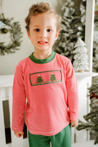 Pre-Order

Celebrate the holiday season in style with the Boy's Christmas Tree Smocked Tee & Pant Set from Zuccini Kids. This charming set includes a striped knit tee featuring a delicate smocked Christmas tree detail, paired perfectly with cozy green knit pants. Comfortable and festive, it’s ideal for your little one’s holiday gatherings and family photos, combining seasonal cheer with everyday wearability.