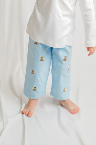 Dress your little dog lover in the Boys Light Blue Labrador Corduroy Leo Pants from Zuccini Kids, featuring charming embroidered Labrador Retrievers. Pairs effortlessly with matching polo for a stylish, coordinated look. Available alongside a matching Longall for younger siblings, it’s a perfect choice for family outfits that combine comfort and playful charm.