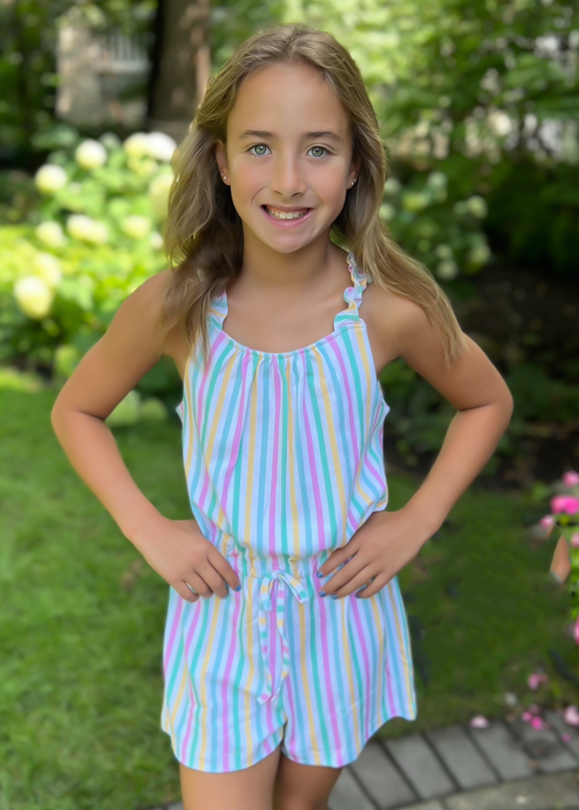 Upgrade your little one's wardrobe with the Girls Daphne Striped Knit Romper from James & Lottie. This stylish and comfortable romper is perfect for everyday play and is sure to become her go-to outfit this summer. With its classic stripes and knit fabric, she'll look chic and feel confident!