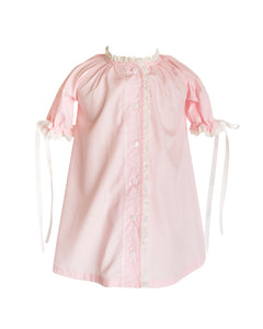 The Katherine Daygown in Pink is a timeless coming home outfit for newborn girls, featuring a classic button-up front and embroidery, offering an elegant silhouette. Its delicate details of lace and embroidery along the edges&nbsp;adds a heartfelt touch, making it a cherished heirloom piece to treasure for years. Perfect for welcoming your little one in style and sentiment.
