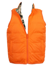 Load image into Gallery viewer, Stay ready for fall adventures with the Boys Delta Valley Vest from The Yellow Lamb. This reversible vest features vibrant orange on one side and woodland camo on the other, offering versatile style for boys who love the outdoors. Lightweight yet warm, it’s perfect for layering during crisp autumn days, keeping your little one comfortable and visible on every trail. Durable and easy to wear, this vest combines practicality with fun, making it an essential piece for active boys this season.
