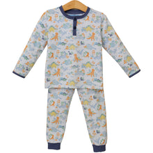 Load image into Gallery viewer, The Dino Adventures Lounge Set from Trotter Street is perfect for boys who love dinosaurs. Made from soft knit fabric, this cozy set keeps your little one comfortable whether he&#39;s winding down for bedtime or relaxing on a lazy afternoon. The playful dino print adds a fun touch that will make getting dressed an adventure every day.
