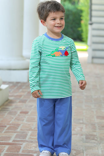 Dress him in playful comfort with this Boys Dinosaur Pant Set. The green striped long-sleeve tee and coordinating pant set design keeps him cozy on crisp fall days, while the charming dinosaur applique adds a fun, adventurous touch. Ideal for everyday wear, this set combines softness and style to keep him happy and snug all season long.