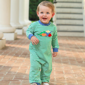 Dress your little one in playful comfort with this Infant Boys Dinosaur Romper. The green striped long-sleeve design keeps him cozy on crisp fall days, while the charming dinosaur applique adds a fun, adventurous touch. Ideal for everyday wear, this romper combines softness and style to keep your baby happy and snug all season long.