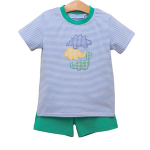 Introduce your little one to the adorable world of dinosaurs with our Toddler Boys Striped Dinosaur Shorts Set! Made from soft knit fabric, this set features charming dinosaur appliques that will surely capture your child's imagination. Perfect for playtime, parties, or everyday wear. Give your child a fun and comfortable outfit with this set from Trotter Street Kids.