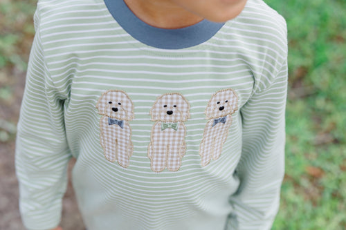 Dress your little one in playful style with the Boys Embroidered Dog Shirt from Trotter Street Kids. This charming tee features a green striped long sleeve tunic adorned with adorable embroidered dog appliques that add a fun, whimsical touch. 