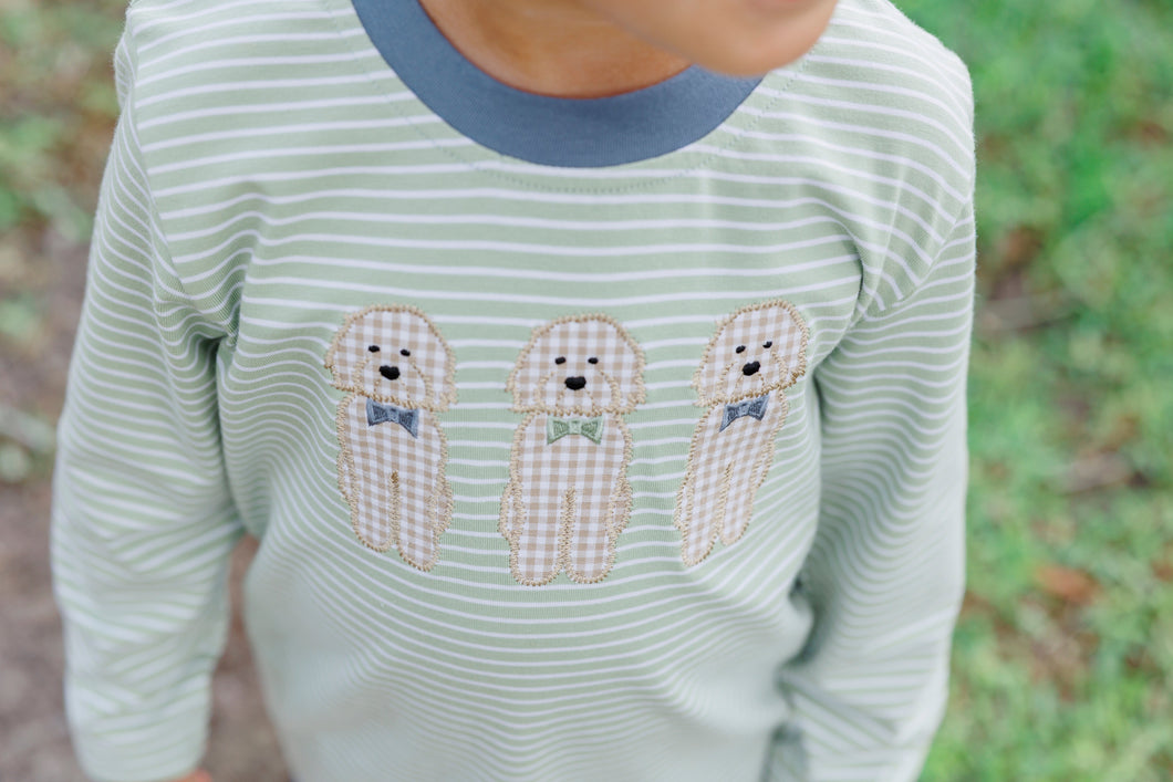 Dress your little one in playful style with the Boys Embroidered Dog Shirt from Trotter Street Kids. This charming tee features a green striped long sleeve tunic adorned with adorable embroidered dog appliques that add a fun, whimsical touch. 