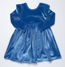 Load image into Gallery viewer, Pink Chicken’s Girls Natalie Dress in bright blue velour brings warmth and vibrant color to every fall day. Its soft, luxurious fabric and playful drop hem create effortless movement, making it an irresistible choice for girls who love comfort and style from toddler to tween.
