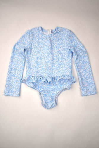 This adorable Infant Girls Ruffled Bow Rash Guard Swimsuit by Funtasia Too! is a must-have for any fashionable little girl! The blue bows and long sleeve design add a touch of elegance and flair, while the rash guard provides essential sun protection. Your little one will look and feel fabulous in this stylish swimsuit!