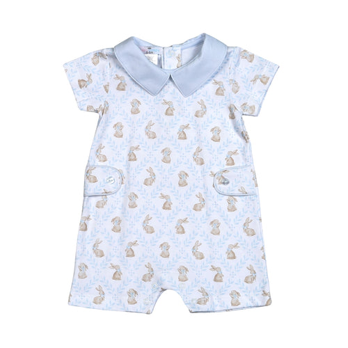Introducing our Blue Pima Easter Bunnies Shortall, perfect for your little boy this Easter! Made with 100% pima cotton, this shortall features a cute peter pan collar, soft blue color, and adorable bunny designs. Comfortable and stylish, your little one will love hopping around in this outfit.