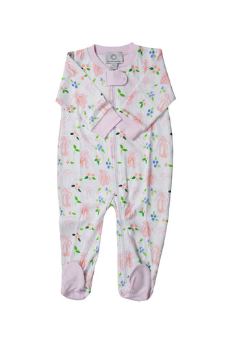Dress your little one for sweet dreams with the Infant Girls En Pointe Zipper Footie. Crafted from 100% soft Pima cotton, this footie ensures gentle comfort all night long. The charming ballet print adorned with delicate pink bows adds a graceful touch, making bedtime feel special and playful. With a convenient zipper, changing is quick and easy, so she can dance right into a cozy, peaceful sleep.