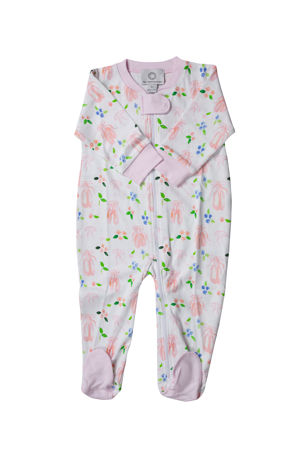 Dress your little one for sweet dreams with the Infant Girls En Pointe Zipper Footie. Crafted from 100% soft Pima cotton, this footie ensures gentle comfort all night long. The charming ballet print adorned with delicate pink bows adds a graceful touch, making bedtime feel special and playful. With a convenient zipper, changing is quick and easy, so she can dance right into a cozy, peaceful sleep.