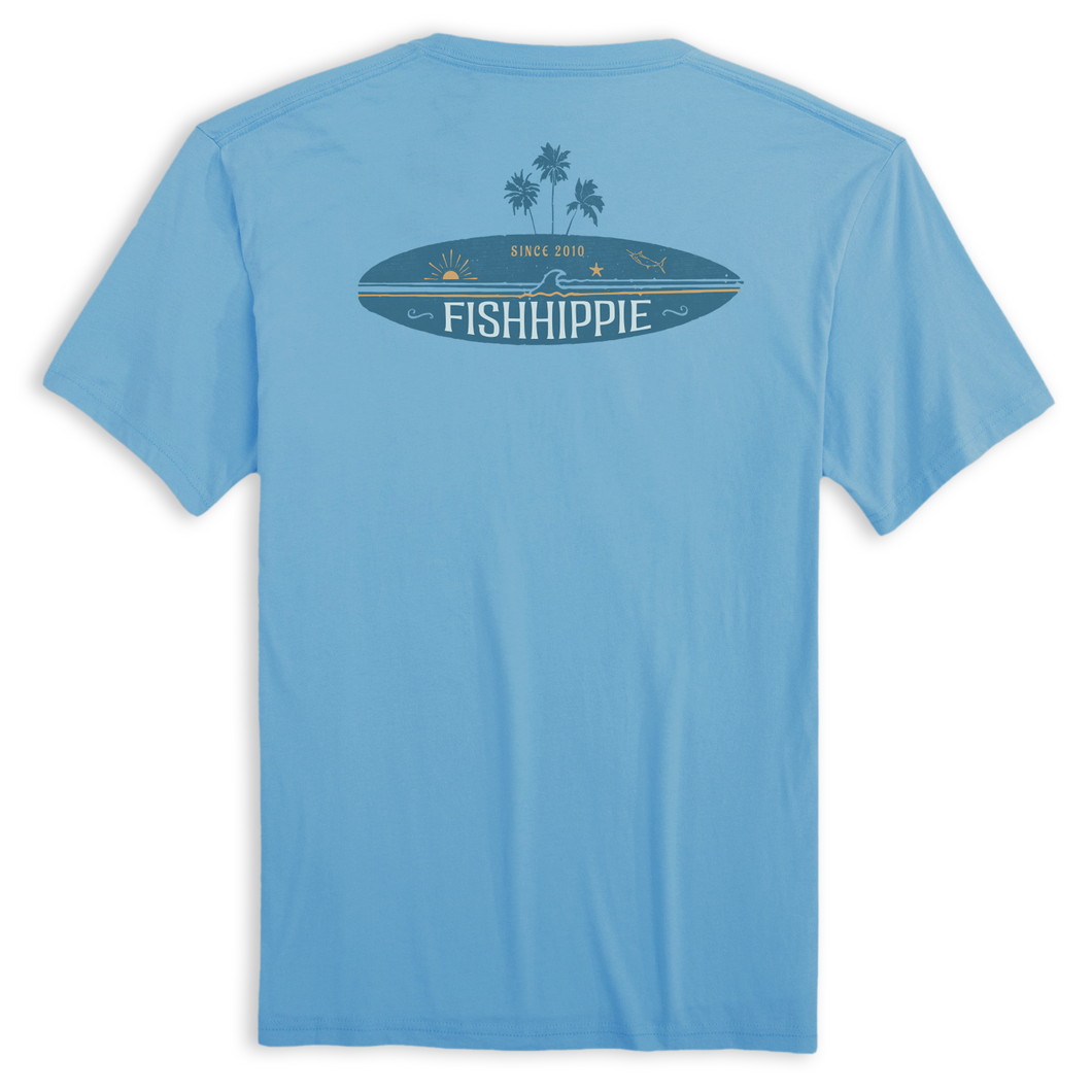 Even Tide Short Sleeve Tee-Featuring a fun surfboard design on the back and our classic Fish Hippie logo on the front, this beloved t-shirt is perfect for any ocean lover. Stay comfortable and show off your love for the beach with this must-have tee.