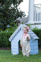 Load image into Gallery viewer, Trotter Street Kids’ Puppy Ruffle Romper bursts with charm—vibrant stripes meet a sweet peachy collar and a lovable puppy appliqué, creating a joyful outfit that brightens every moment for your little girl. Celebrate her playful spirit with this delightful romper!
