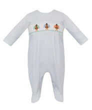 Load image into Gallery viewer, Petit Bebe’s Blue Knit Striped Turkey Smocked Long Romper brings warmth and charm to every Thanksgiving moment. Crafted with cozy knit fabric and delicate turkey smocking, it wraps your little one in comfort and festive spirit, whether with footies for infants or an easy fit for older babies!

Footie - 3m, 6m

Footless Romper - 9m, 12m, 18m, 24m
