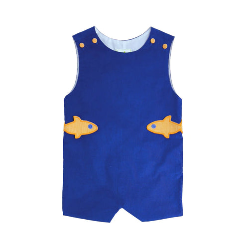 Discover the perfect catch with our Blue Corduroy Fishing Lure Shortall by Zuccini Kids! Made with soft, blue corduroy and accented with lively orange gingham buttons and a playful fish design. This Shortall is a must-have for any young fisherman!