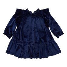 Load image into Gallery viewer, Girls Navy Velour Harper Dress from Pink Chicken. Features velour material, tiered skirt and playful ruffle details for girls to tweens.&nbsp;
