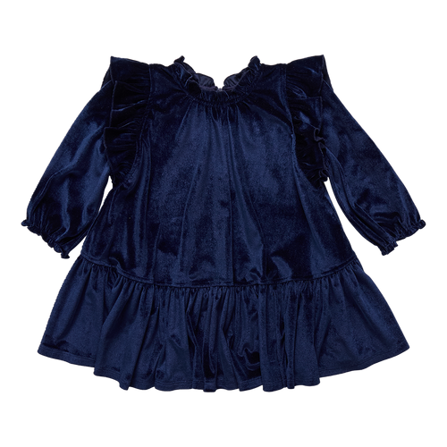 Girls Navy Velour Harper Dress from Pink Chicken. Features velour material, tiered skirt and playful ruffle details for girls to tweens. 