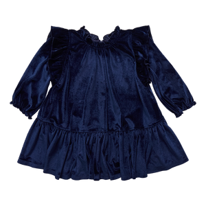 Girls Navy Velour Harper Dress from Pink Chicken. Features velour material, tiered skirt and playful ruffle details for girls to tweens.&nbsp;