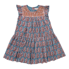 Load image into Gallery viewer, The Girls Fiona Dress in Blue Paisley Sparkle offers a captivating blend of vibrant paisley patterns and subtle sparkle, perfect for making your little girl stand out. Designed for comfort and style, this dress allows easy movement while adding a touch of magic to any occasion. Whether for celebrations or everyday adventures, it’s a charming choice that brings elegance and playful shine to her wardrobe.
