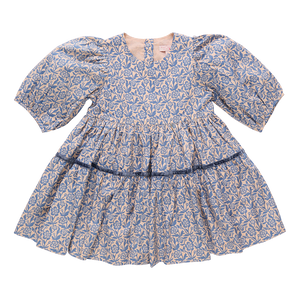 Girls Blue Floral Maribelle Dress from Pink Chicken. With three-quarter puffed sleeves and a full skirt that's tailor-made for twirling, this classic silhouette is accented with a navy velvet taping and a glitter button closure on back. This playful floral print will have her twirling all season!