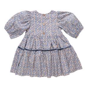 Girls Blue Floral Maribelle Dress from Pink Chicken. With three-quarter puffed sleeves and a full skirt that's tailor-made for twirling, this classic silhouette is accented with a navy velvet taping and a glitter button closure on back. This playful floral print will have her twirling all season!