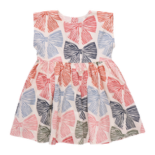Load image into Gallery viewer, The Girls Adaline Dress in Multi Striped Bows brings a delightful mix of color and charm to your little girl’s wardrobe. Featuring playful striped bows, this dress adds a touch of whimsy while maintaining a stylish silhouette. Its comfortable fit ensures she can move freely, making it ideal for both special occasions and everyday wear. Elevate her look with a dress that combines fun patterns and effortless elegance.
