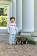 Load image into Gallery viewer, Celebrate the magic of Christmas with the Santa Trio Pant Set by Trotter Street Kids. This cozy blue and white striped tee, decorated with charming Santa appliqués, pairs perfectly with soft blue knit pants—crafted for your toddler boy’s festive comfort and joyful style!
